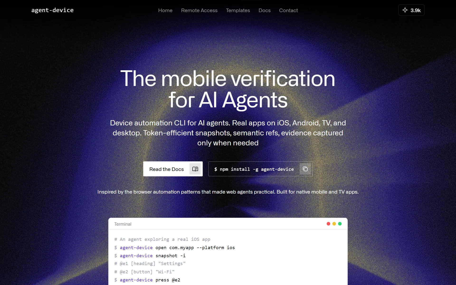 agent-device.dev 공식 사이트 — The mobile verification for AI Agents