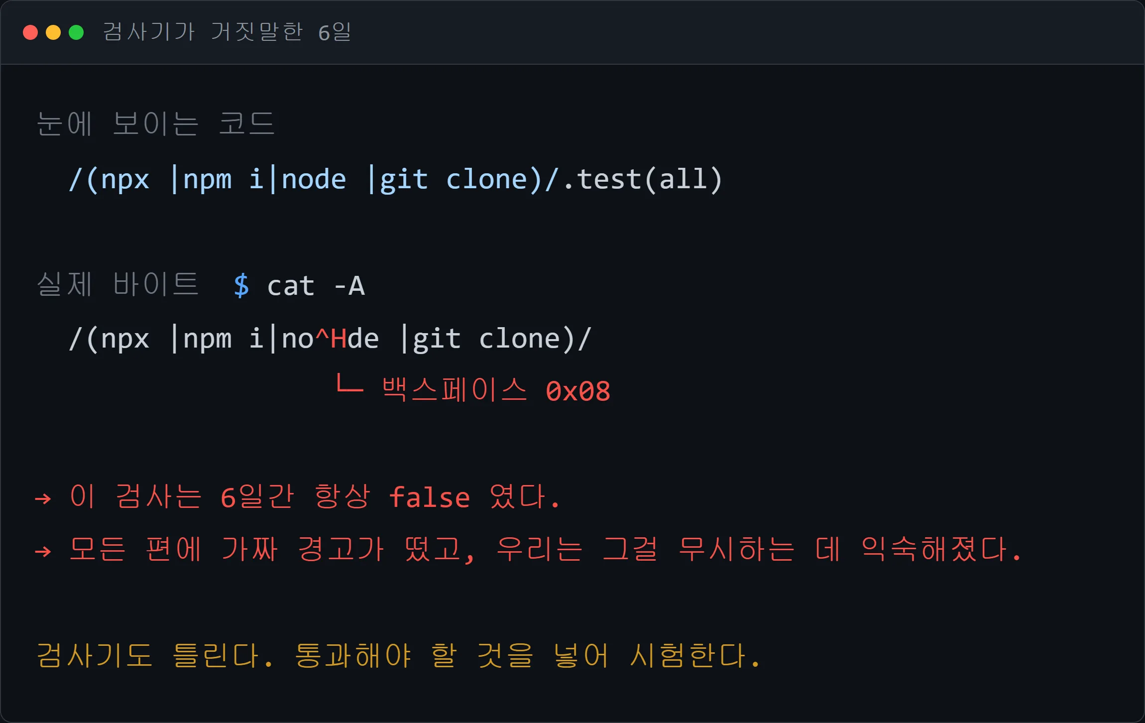 정규식 안에 보이지 않는 백스페이스 문자가 박혀 검사가 항상 실패했던 사례