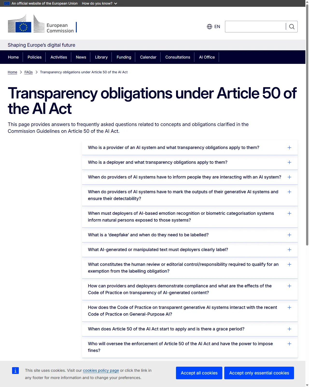 EU AI Act 제50조 투명성 의무 공식 FAQ 페이지 (European Commission)
