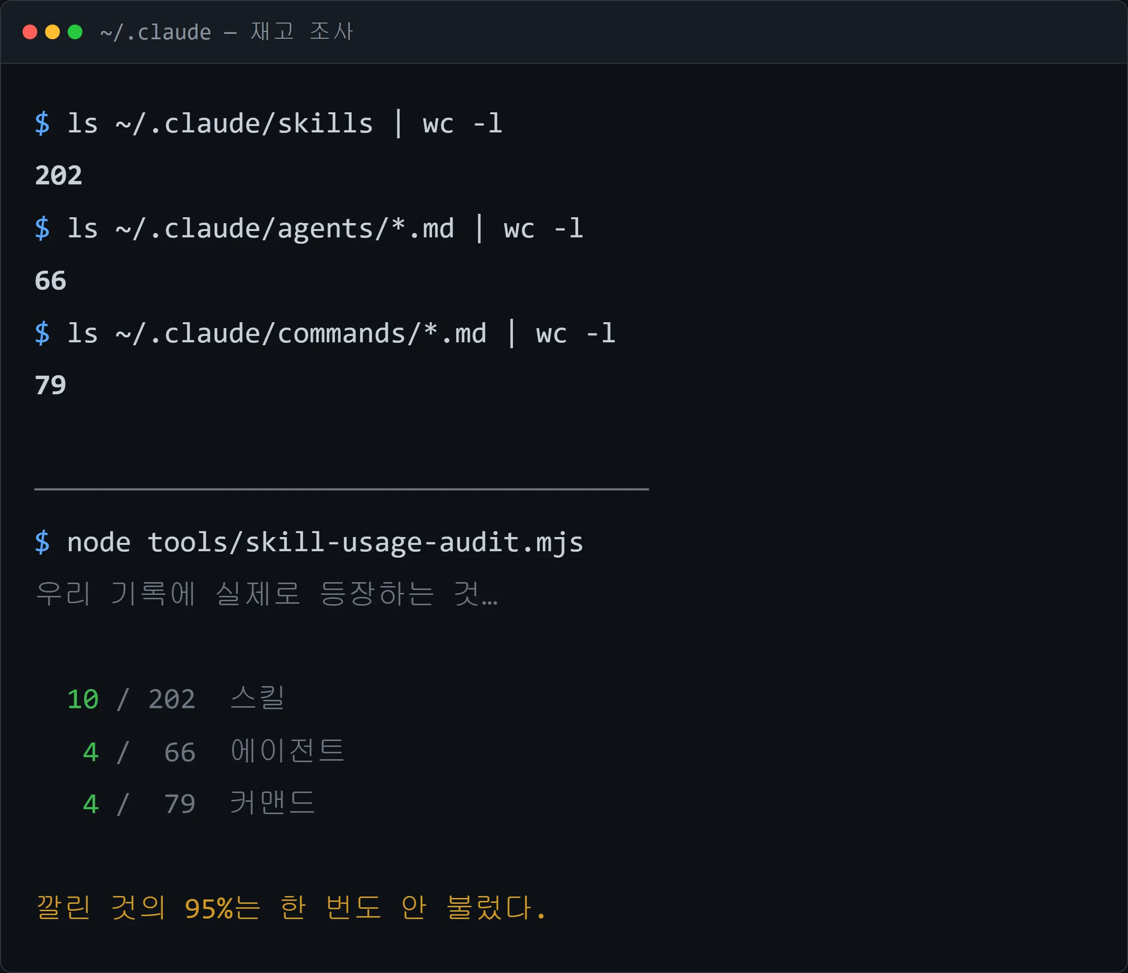 재고 조사 결과 — 스킬 202개 중 실제 사용 10개