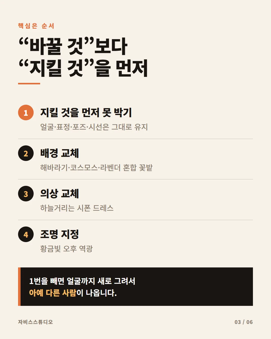 내 사진이 8월 꽃밭 속으로 — 배경+드레스 AI 변환 프롬프트 공개 카드뉴스 3