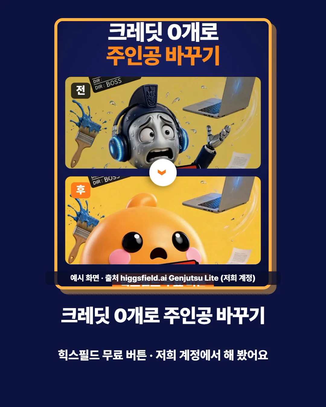 크레딧 0개로 주인공 바꾸기 — 힉스필드 무료 버튼
