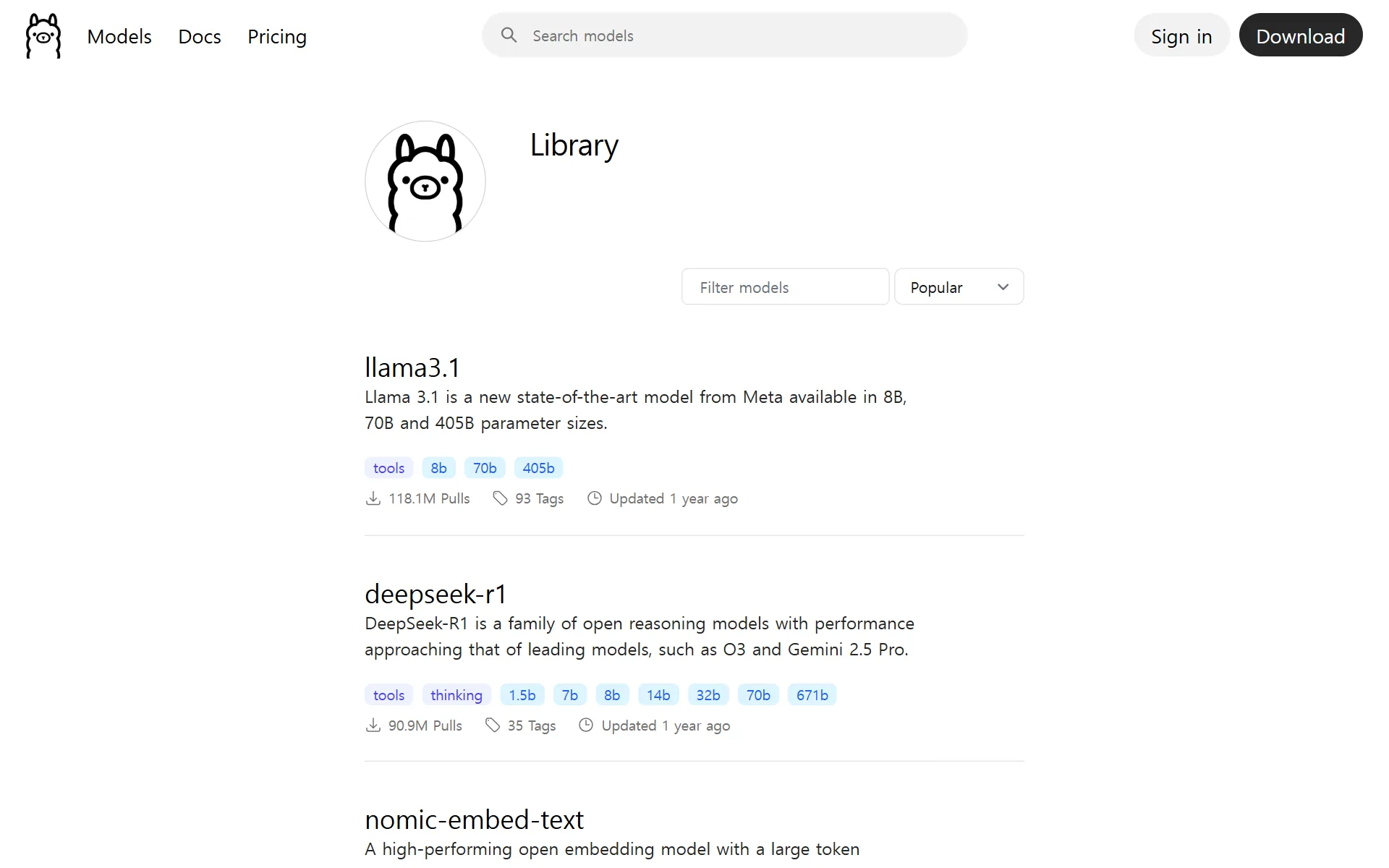 Ollama 모델 라이브러리 페이지