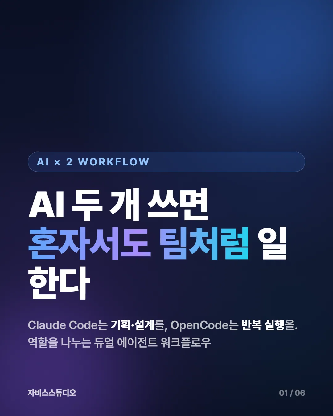 카드뉴스 1/6 — AI 두 개 쓰면 혼자서도 팀처럼 일한다