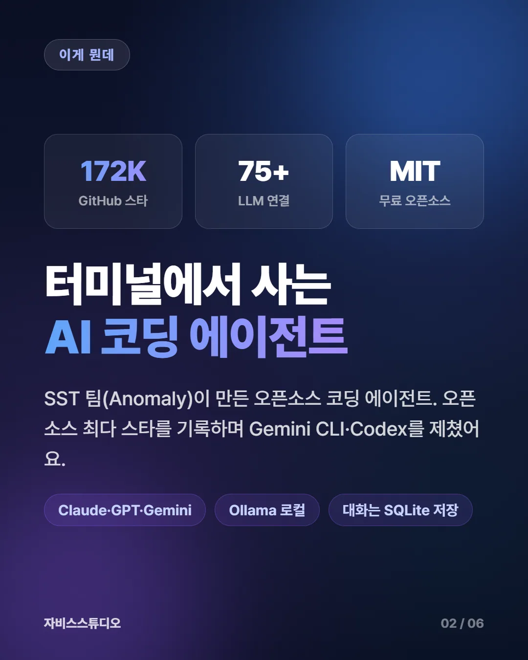 카드뉴스 2/6 — OpenCode가 뭔데 (17만 스타, 75+ LLM, MIT)