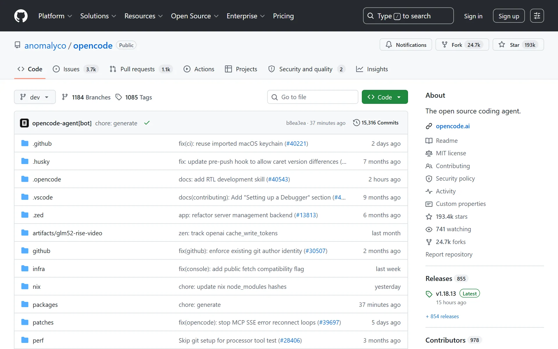 github.com/sst/opencode GitHub 저장소 스크린샷