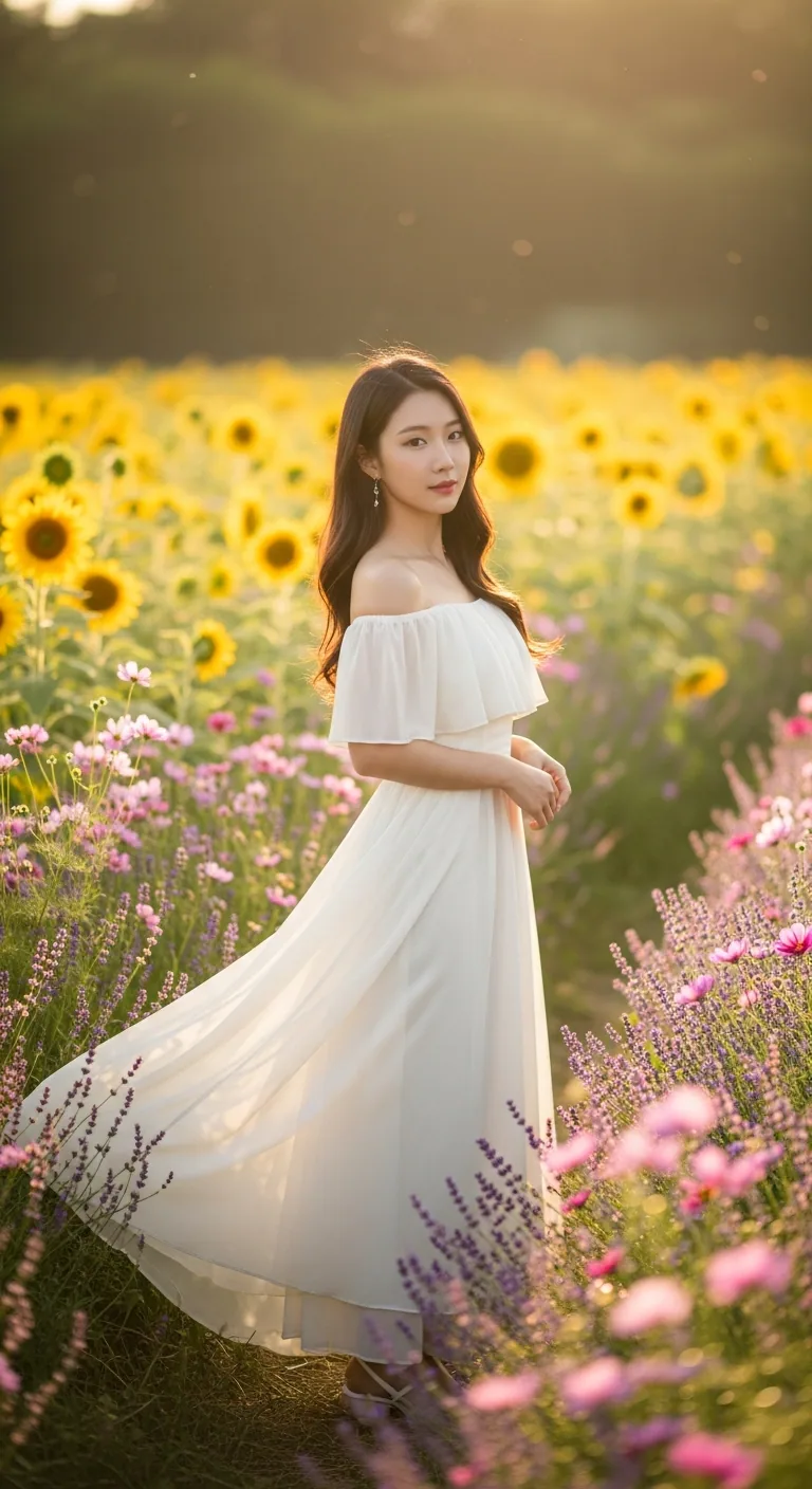 꽃밭 원본 — AI가 생성한 오프숄더 드레스를 입은 여성