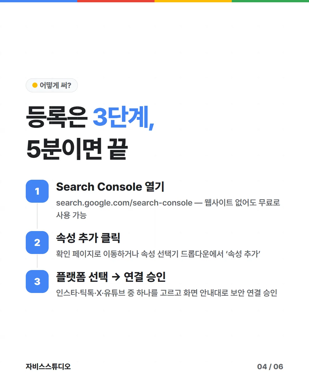 카드뉴스 4/6 — 등록은 3단계, 5분이면 끝