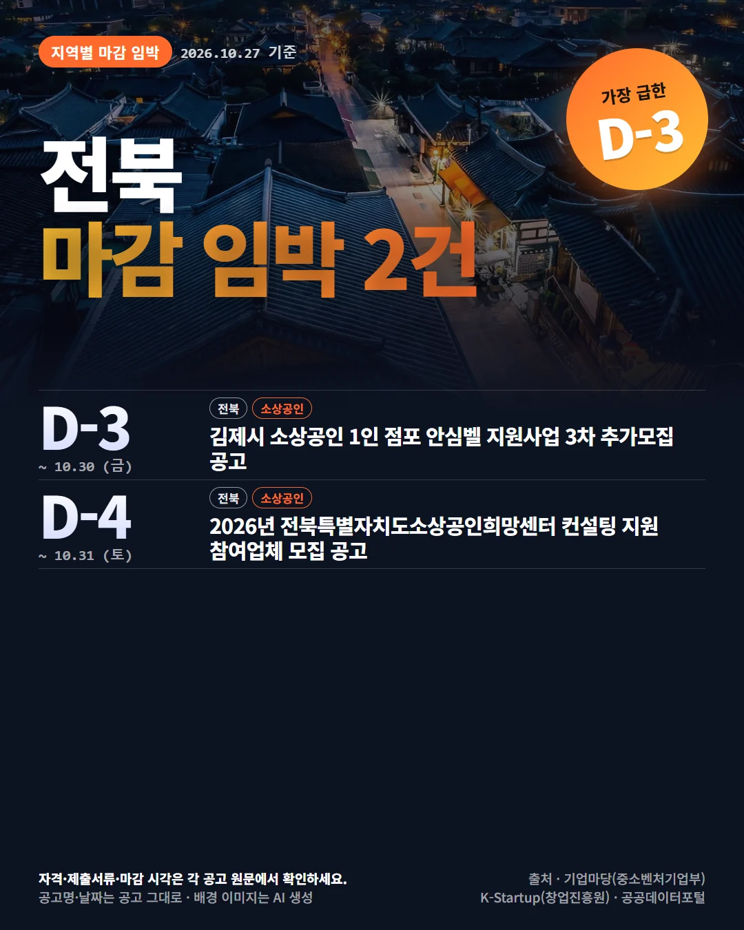 전북 마감 임박 지원사업 공고 목록 카드