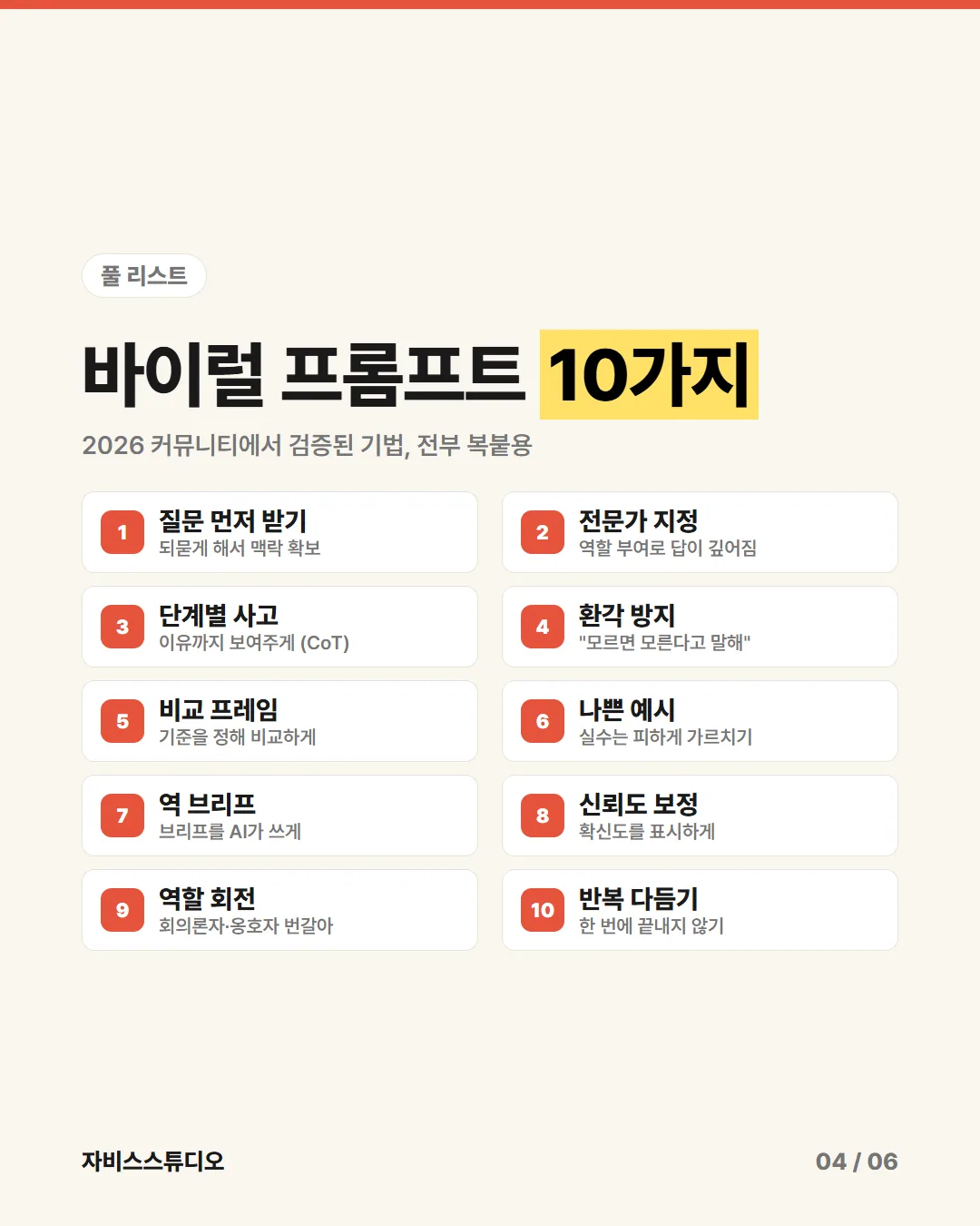 카드뉴스 5/6 — 바이럴 프롬프트 10가지 리스트