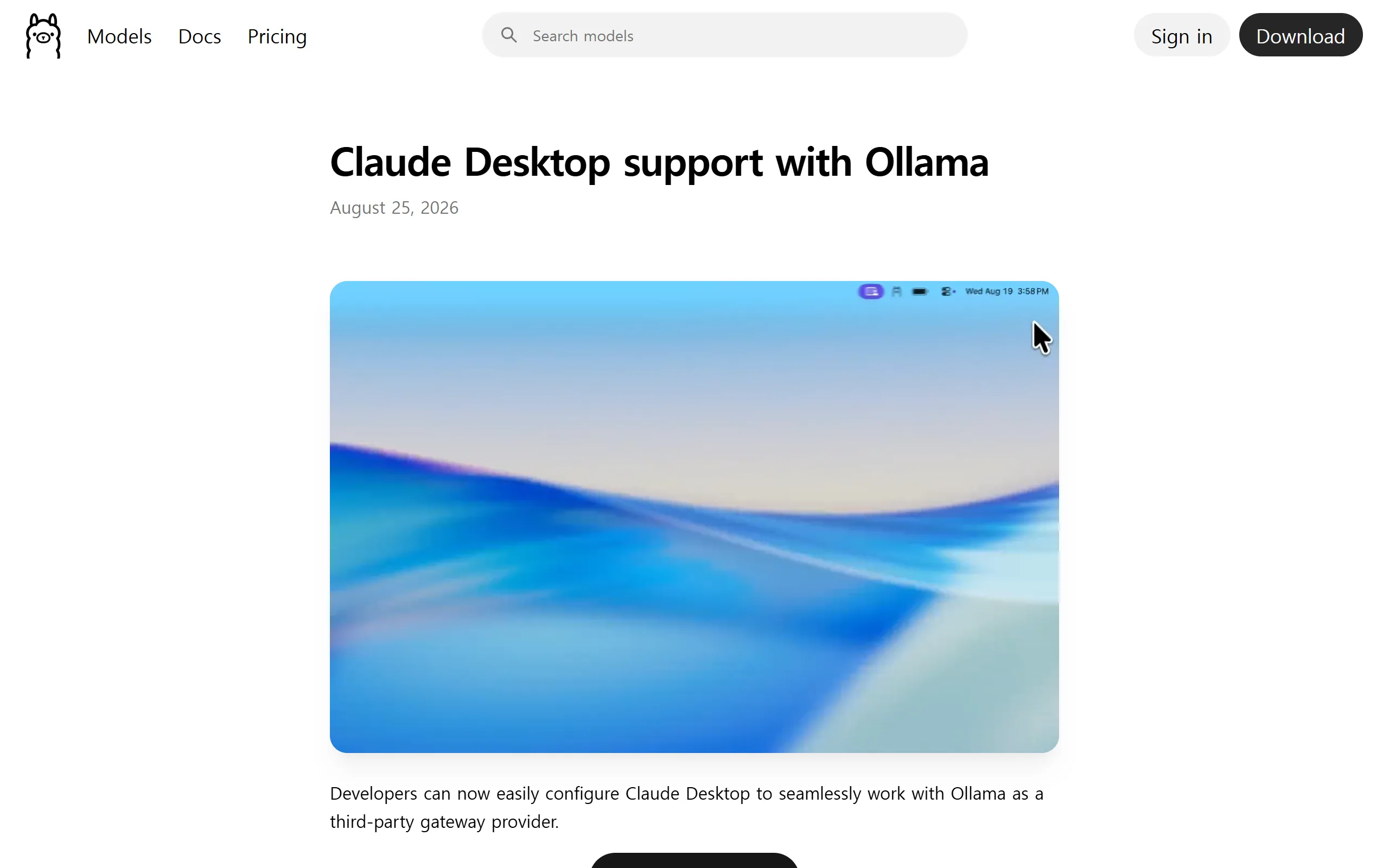 Ollama official announcement page for Claude Desktop support